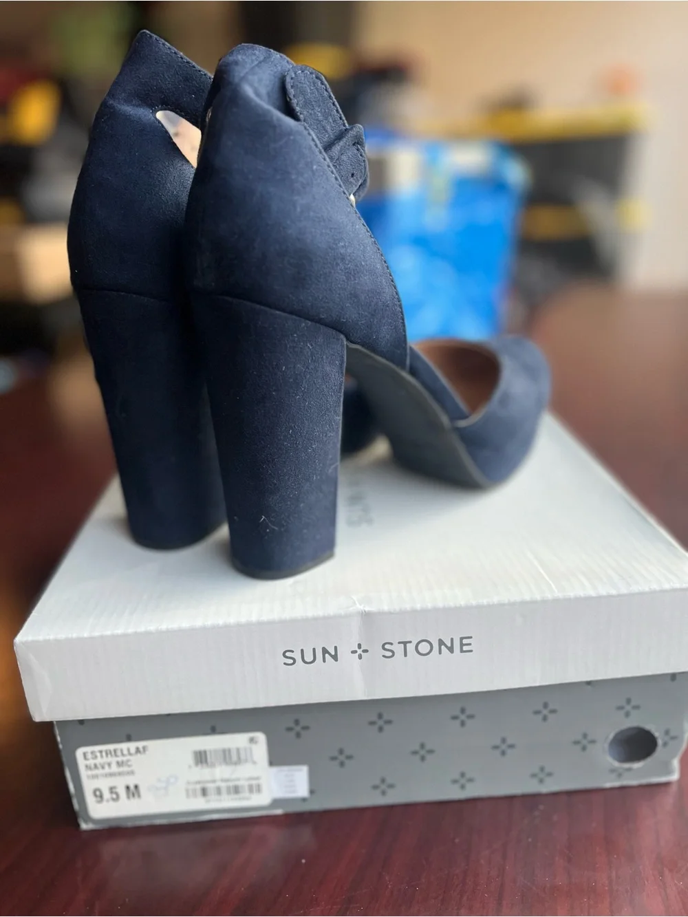 Sun + Stone Navy Suede Platform Ankle-Strap Block Heels